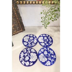 Set of 4 Ceramic Blue & White Floral Coasters 3.5" Handmade Pottery Coasters